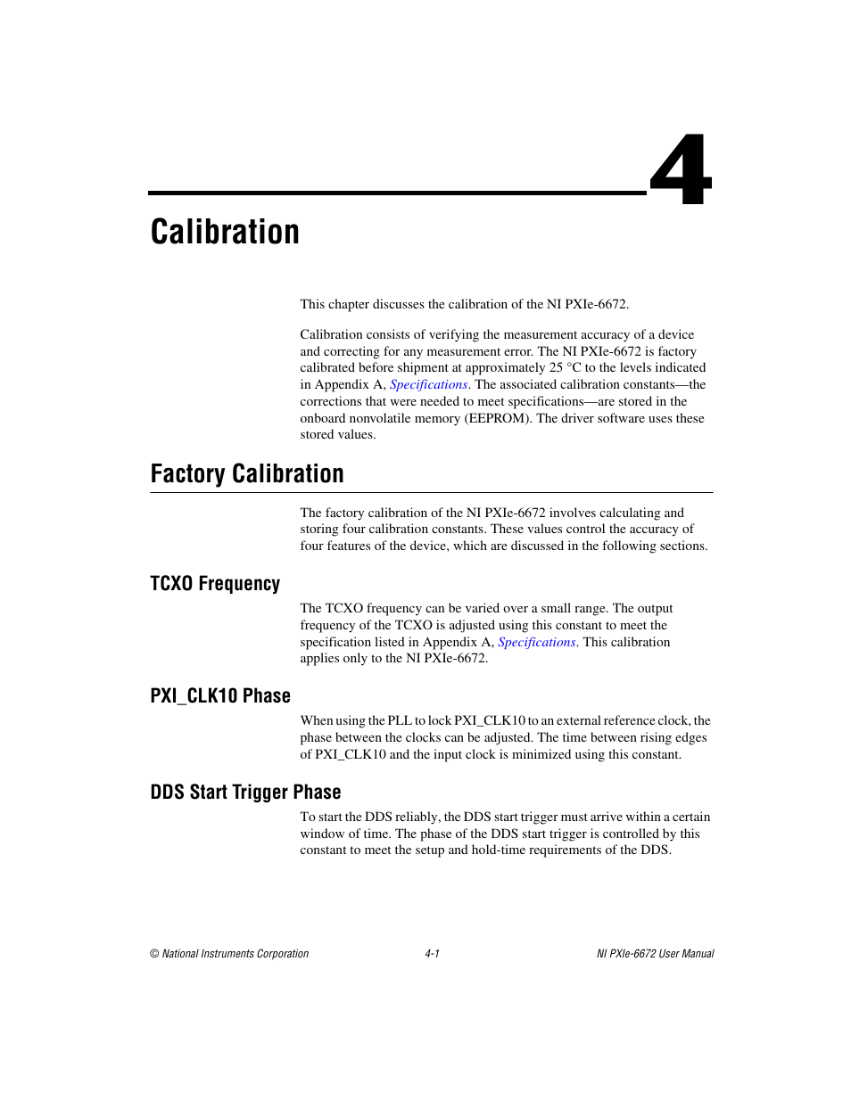Chapter 4 calibration, Factory calibration, Tcxo frequency | Pxi_clk10 phase, Dds start trigger phase, Factory calibration -1, Calibration | National Instruments NI PXIe-6672 User Manual | Page 34 / 57