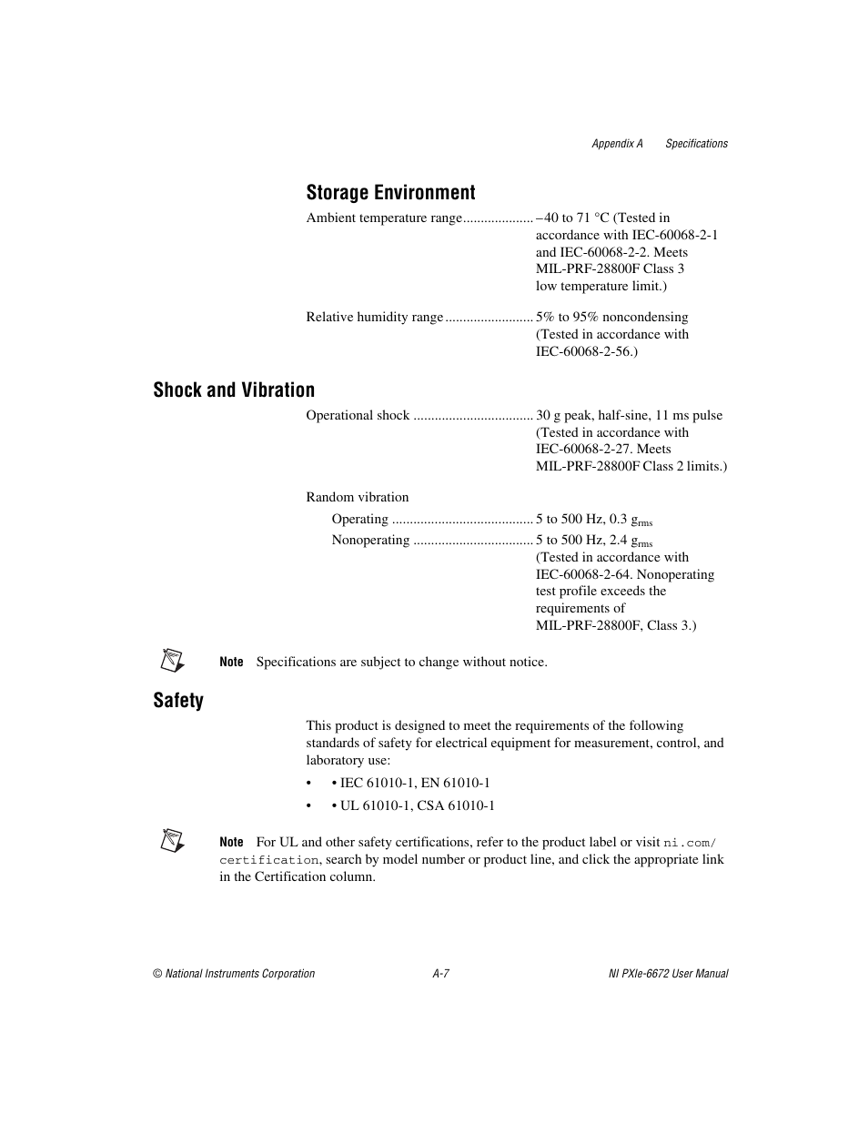 Storage environment, Shock and vibration, Safety | National Instruments NI PXIe-6672 User Manual | Page 42 / 57