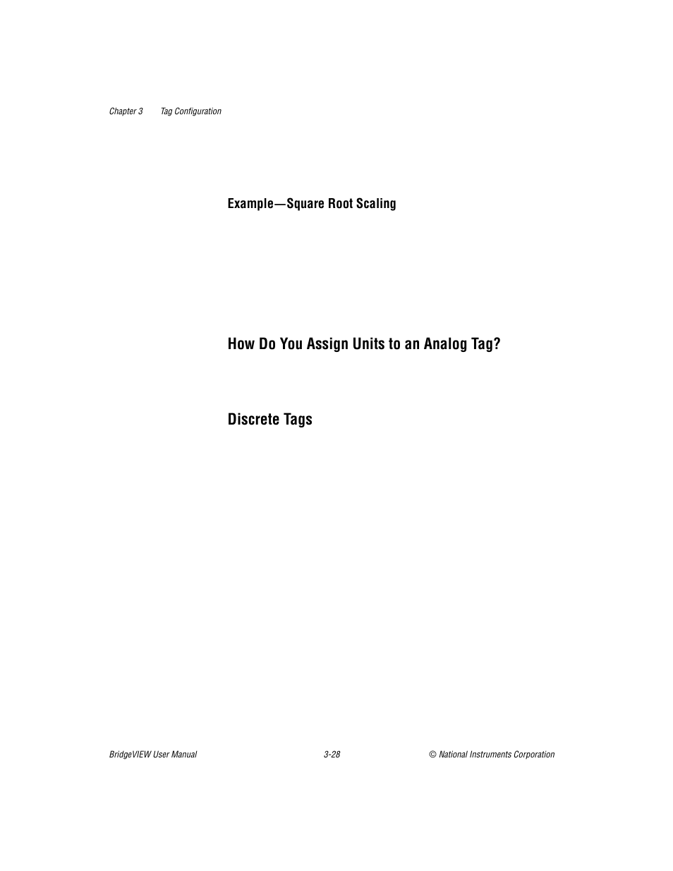 How do you assign units to an analog tag, Discrete tags, Example—square root scaling -28 | National Instruments BridgeVIEW User Manual | Page 86 / 455
