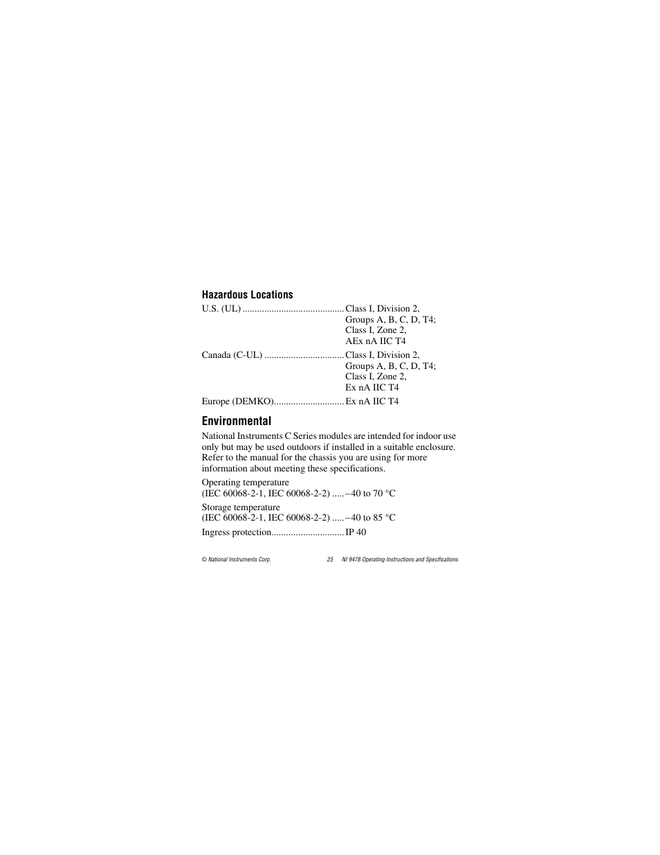 Hazardous locations, Environmental | National Instruments NI 9478 User Manual | Page 25 / 32