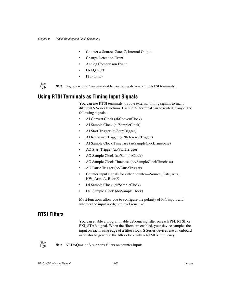 Using rtsi terminals as timing input signals, Rtsi filters | National Instruments Network Device DAQ S User Manual | Page 126 / 173