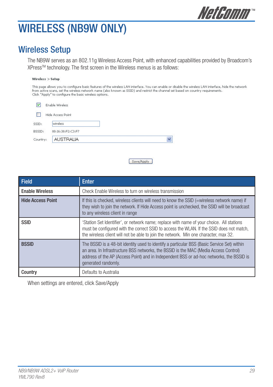 Wireless (nb9w only), Wireless setup | Netcom NB9 User Manual | Page 29 / 84