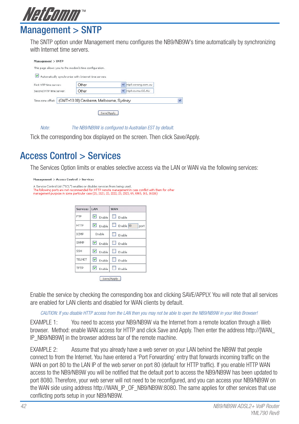 Management > sntp, Access control > services | Netcom NB9 User Manual | Page 42 / 84