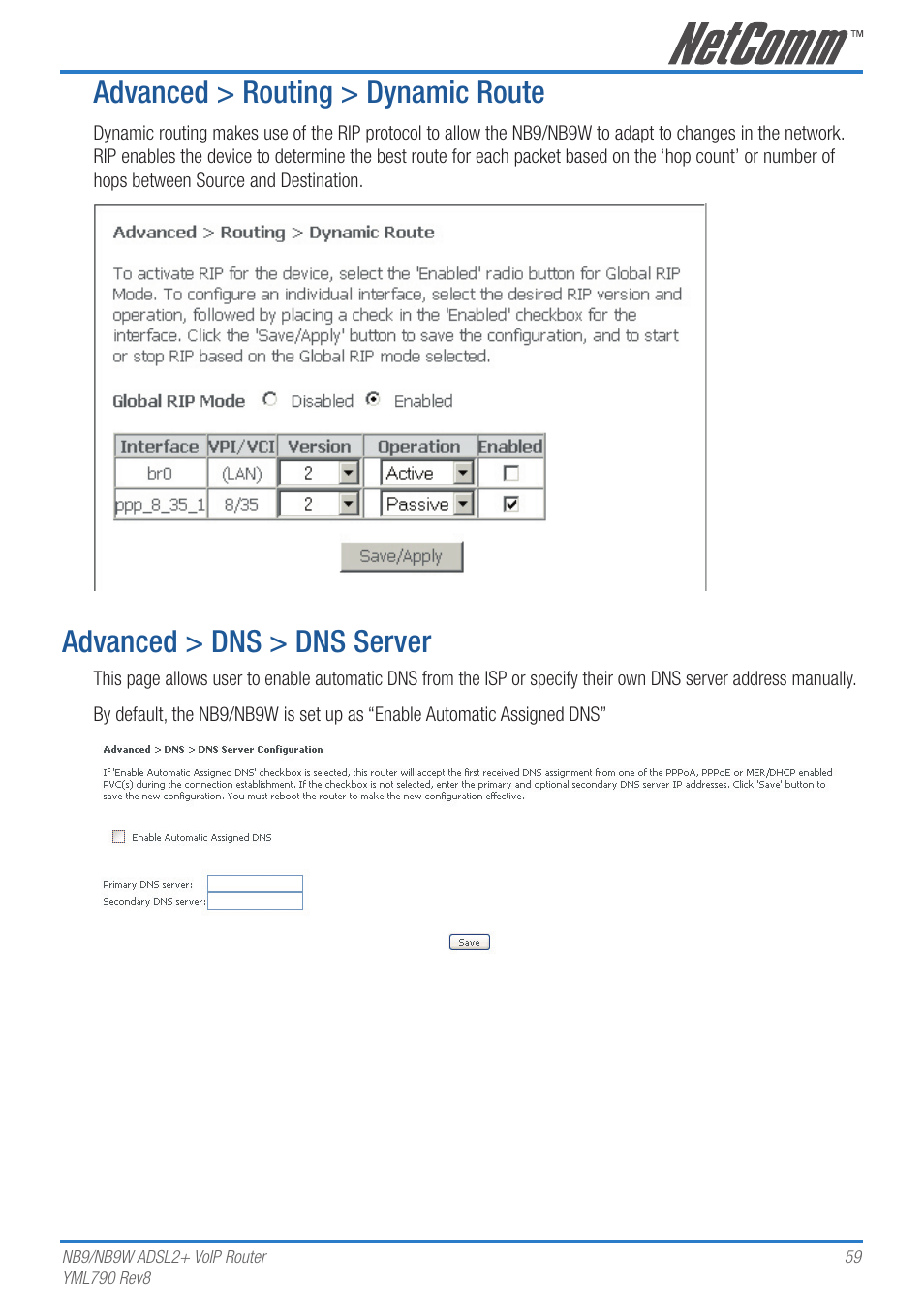 Advanced > routing > dynamic route, Advanced > dns > dns server | Netcom NB9 User Manual | Page 59 / 84