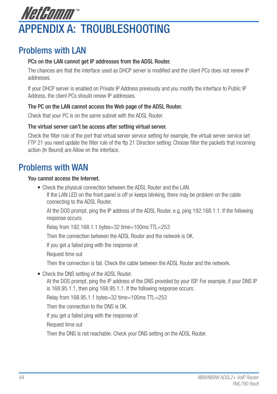 Appendix a: troubleshooting, Problems with lan, Problems with wan | Netcom NB9 User Manual | Page 64 / 84