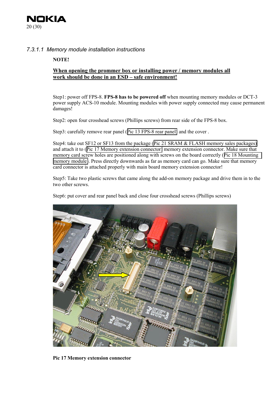 Memory module installation instructions | Nokia FPS-8 User Manual | Page 20 / 30