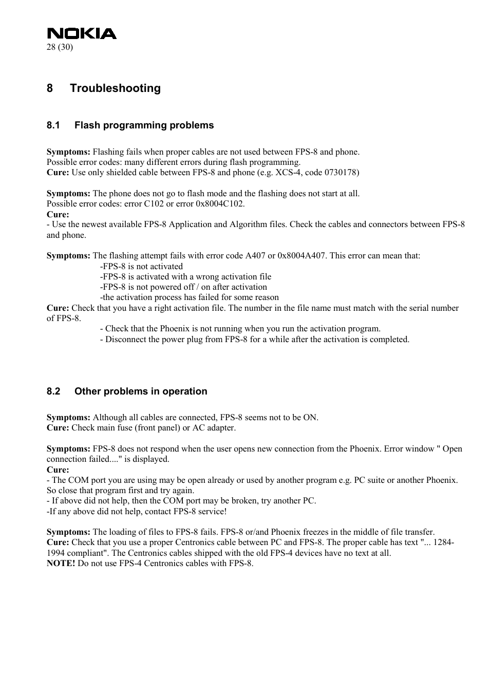 Troubleshooting, Flash programming problems, Other problems in operation | 8 troubleshooting | Nokia FPS-8 User Manual | Page 28 / 30