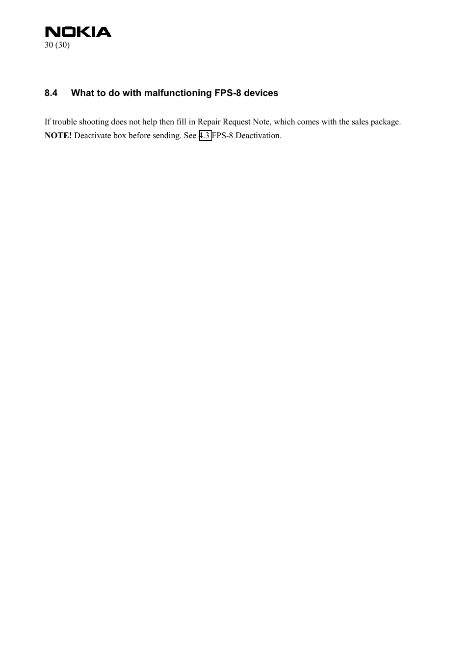 What to do with malfunctioning fps-8 devices | Nokia FPS-8 User Manual | Page 30 / 30
