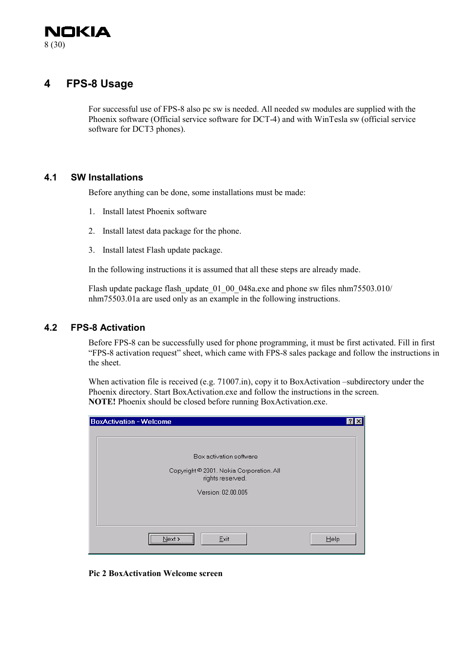 Fps-8 usage, Sw installations, Fps-8 activation | 4 fps-8 usage | Nokia FPS-8 User Manual | Page 8 / 30