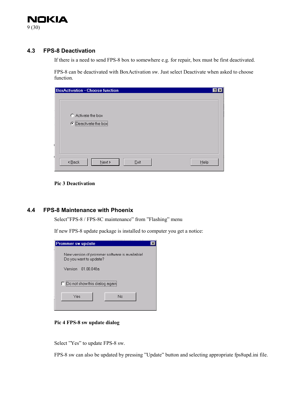 Fps-8 deactivation, Fps-8 maintenance with phoenix | Nokia FPS-8 User Manual | Page 9 / 30