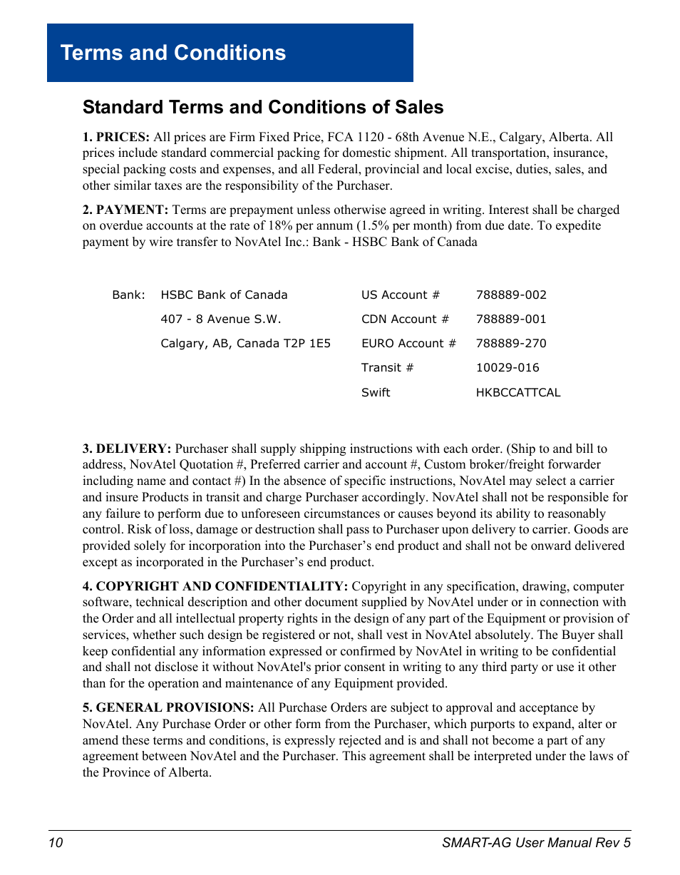 Terms and conditions, Standard terms and conditions of sales | Novatel GNSS Receiver and Antenna SMART-AG User Manual | Page 10 / 92