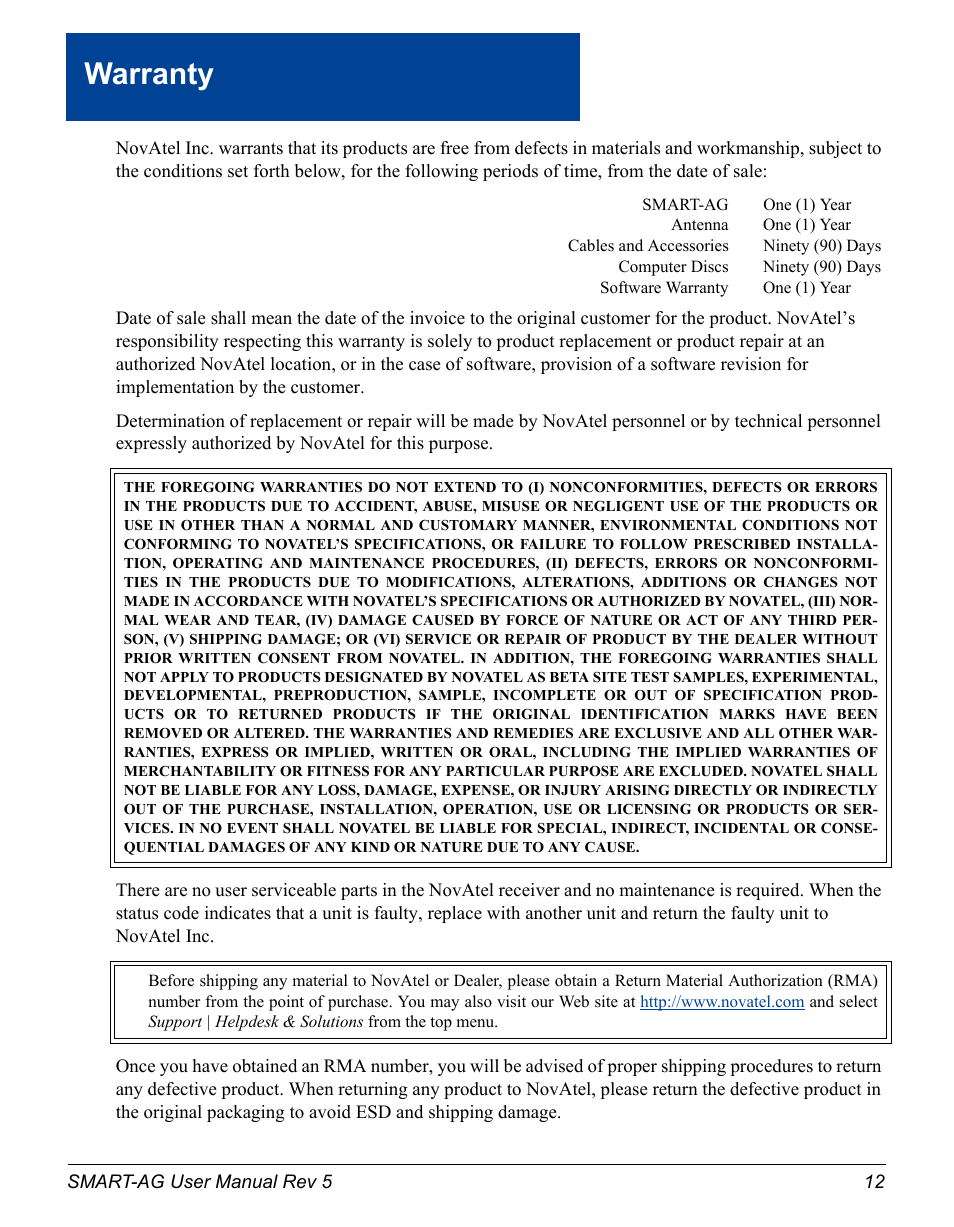 Warranty 12, Warranty | Novatel GNSS Receiver and Antenna SMART-AG User Manual | Page 12 / 92