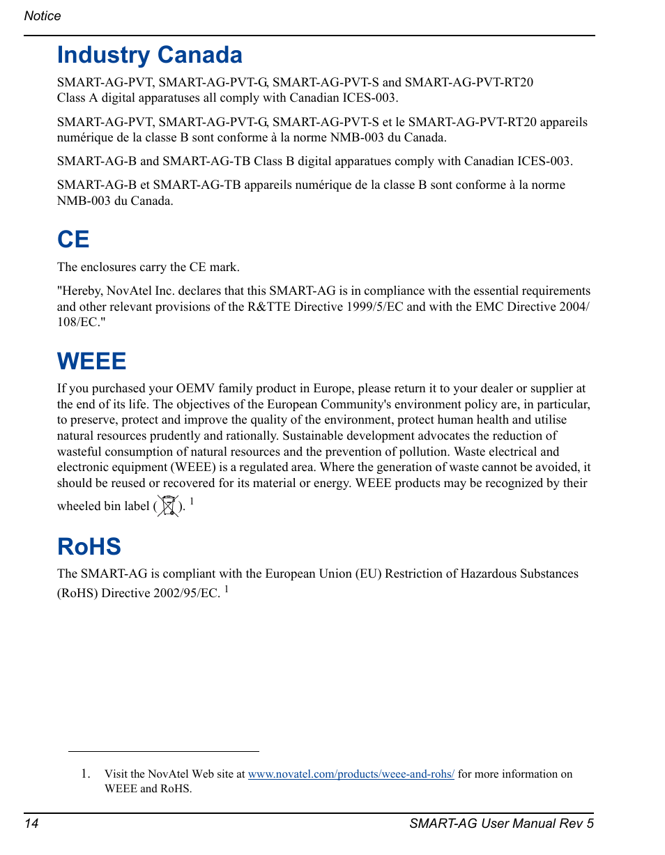 Industry canada, Weee, Rohs | Novatel GNSS Receiver and Antenna SMART-AG User Manual | Page 14 / 92