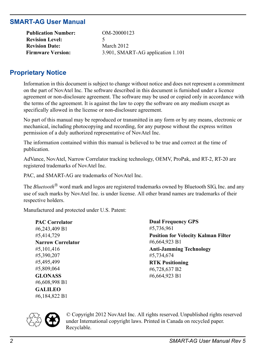 Smart-ag user manual, Proprietary notice | Novatel GNSS Receiver and Antenna SMART-AG User Manual | Page 2 / 92