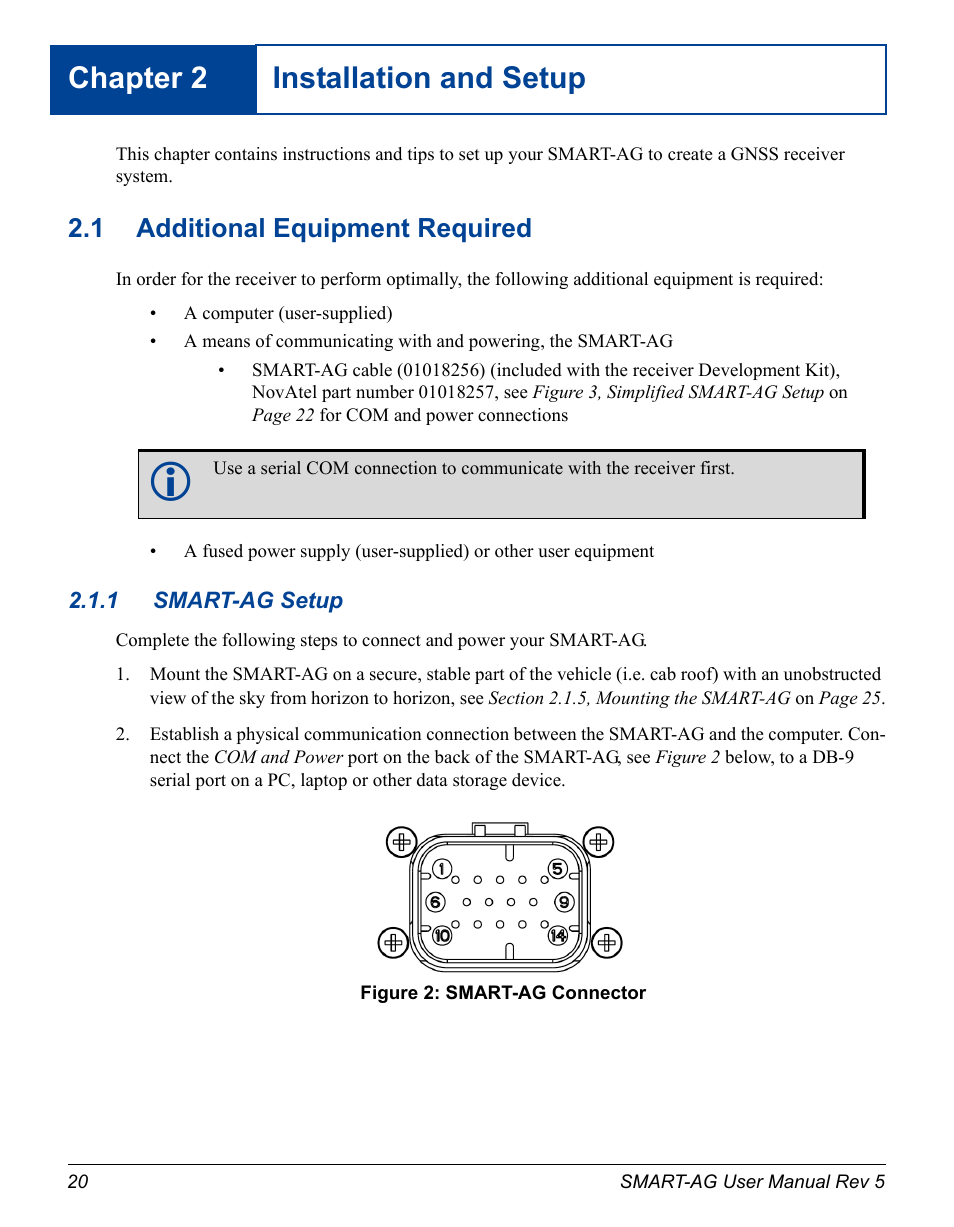 Installation and setup, 1 additional equipment required, 2 inst | 1 smart-ag setup, Smart-ag connector, Chapter 2 installation and setup | Novatel GNSS Receiver and Antenna SMART-AG User Manual | Page 20 / 92