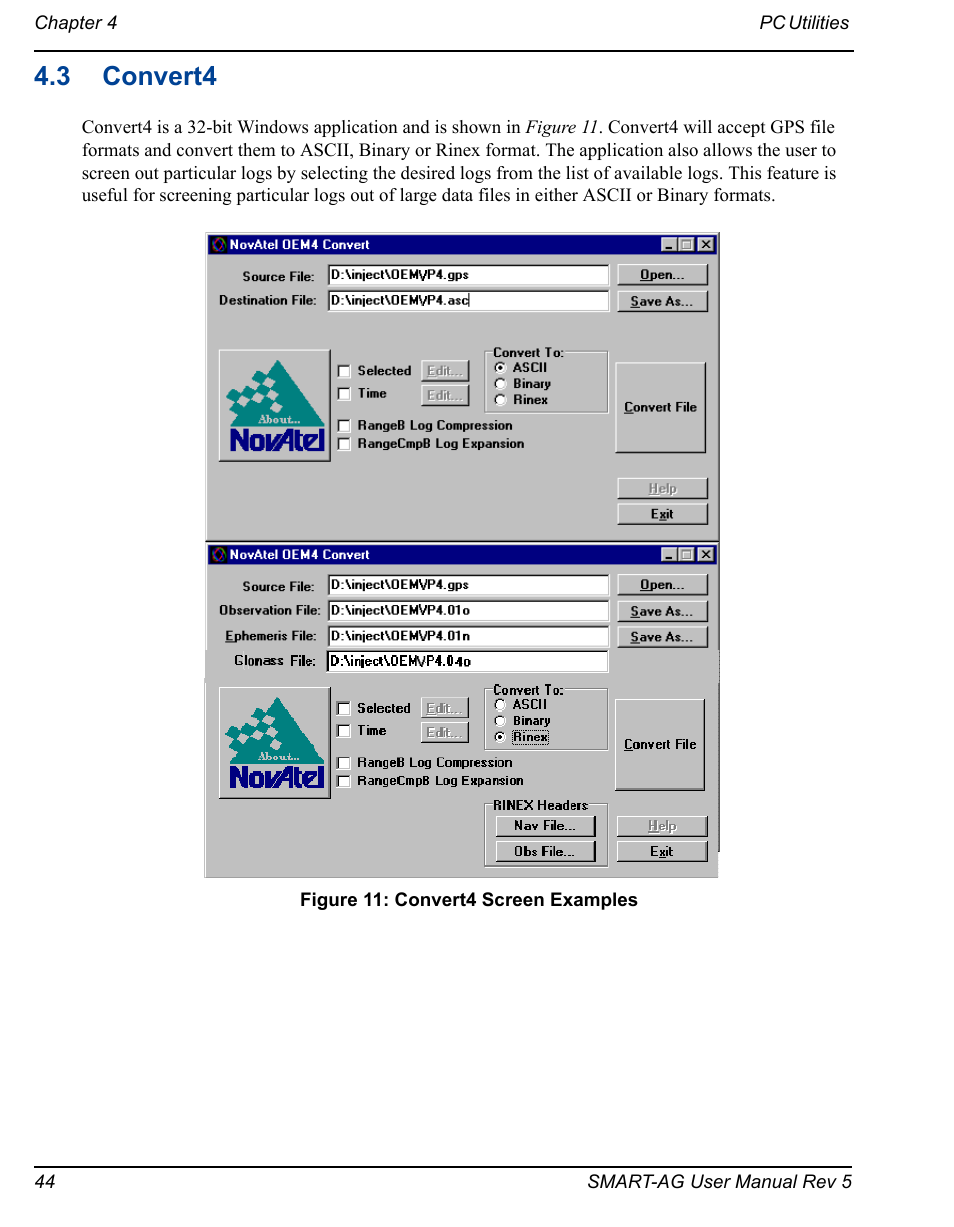 3 convert4, Convert4 screen examples | Novatel GNSS Receiver and Antenna SMART-AG User Manual | Page 44 / 92