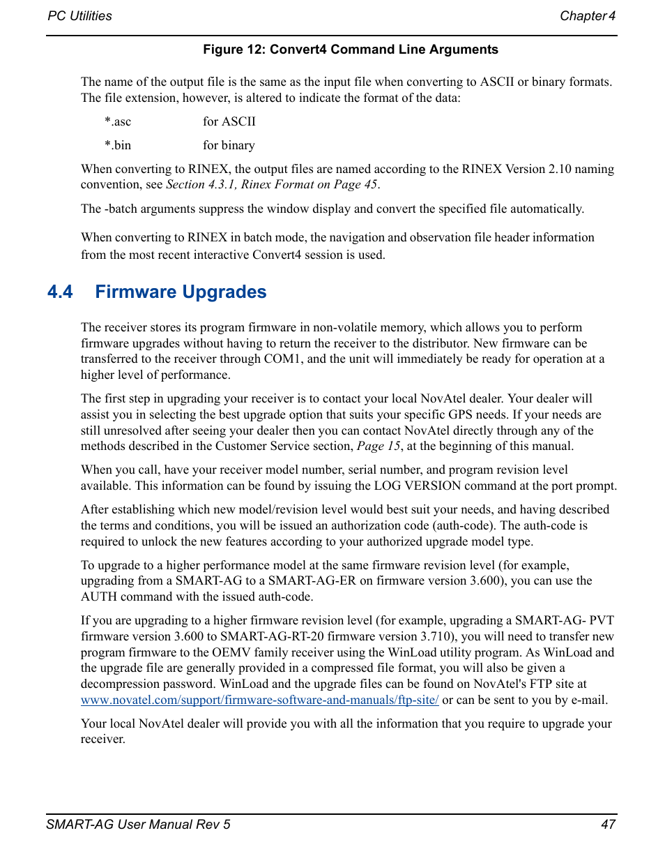 4 firmware upgrades, Convert4 command line arguments | Novatel GNSS Receiver and Antenna SMART-AG User Manual | Page 47 / 92