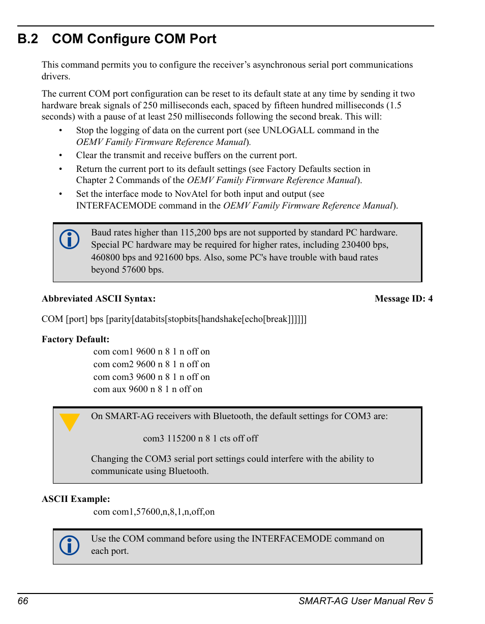 B.2 com configure com port, Com configure com port | Novatel GNSS Receiver and Antenna SMART-AG User Manual | Page 66 / 92