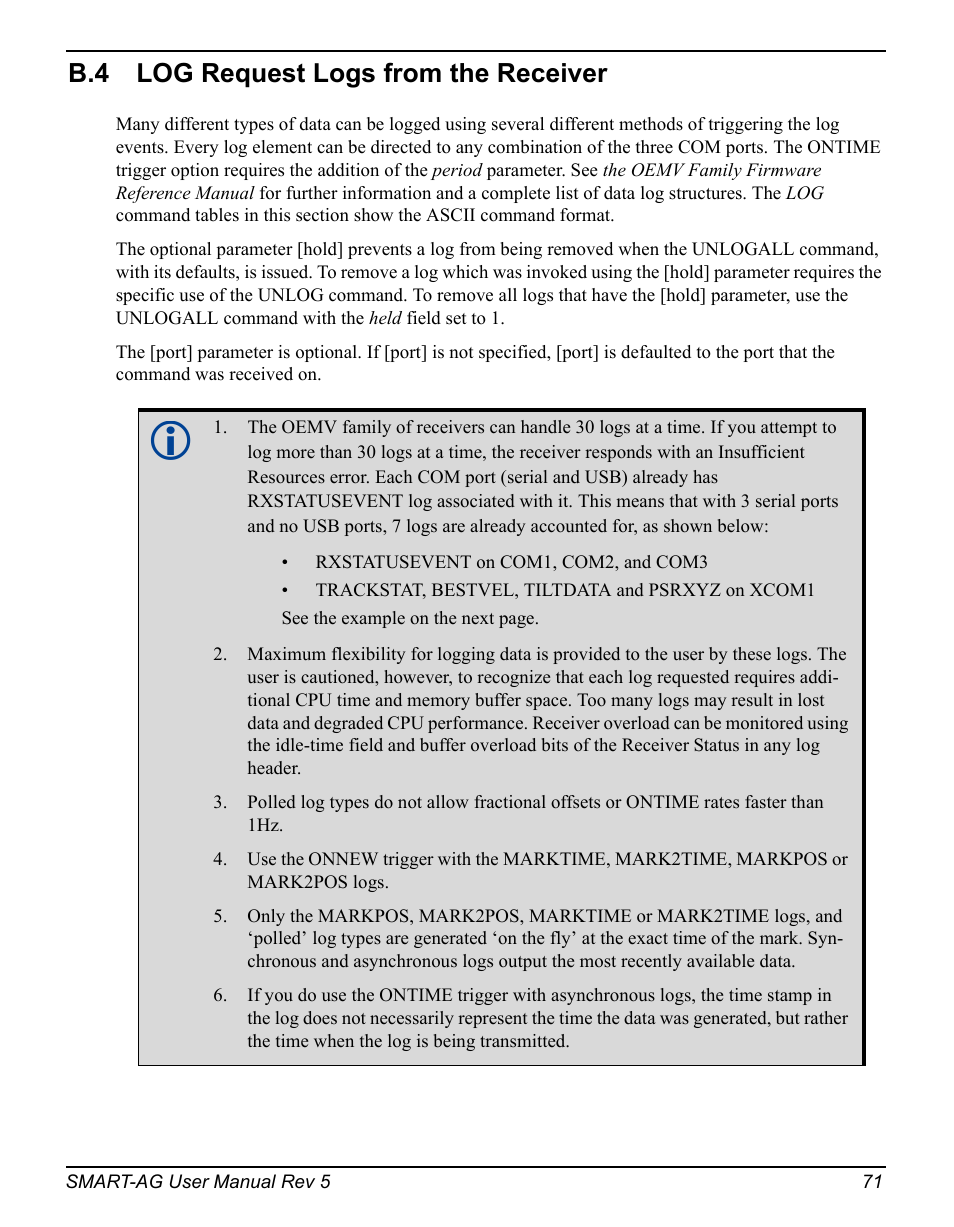 B.4 log request logs from the receiver, Log request logs from the receiver | Novatel GNSS Receiver and Antenna SMART-AG User Manual | Page 71 / 92