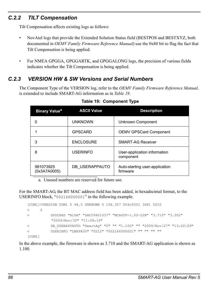 Component type, C.2.2 tilt compensation, C.2.3 version hw & sw versions and serial numbers | Novatel GNSS Receiver and Antenna SMART-AG User Manual | Page 86 / 92