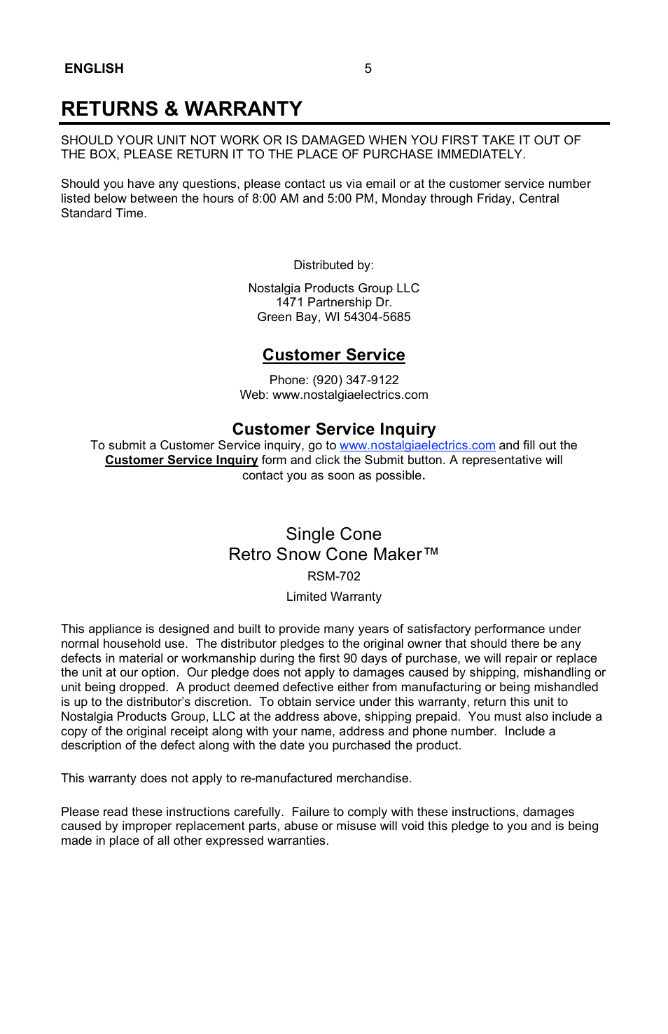 Returns & warranty, Single cone retro snow cone maker | Nostalgia Electrics Retro RSM-702 User Manual | Page 7 / 8