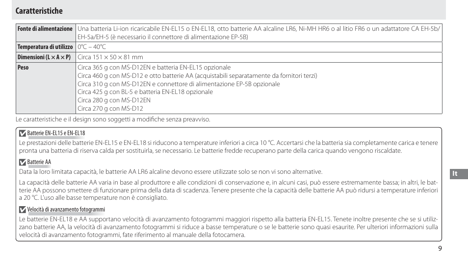 Caratteristiche | Nikon Multi-Power Battery Pack MB-D12 User Manual | Page 123 / 244