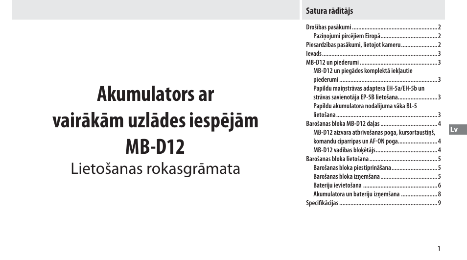 Satura rādītājs, Akumulators ar vairākām uzlādes iespējām mb-d12, Lietošanas rokasgrāmata | Nikon Multi-Power Battery Pack MB-D12 User Manual | Page 195 / 244