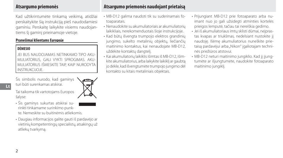 Atsargumo priemonės, Pranešimai klientams europoje, Atsargumo priemonės naudojant prietaisą | Nikon Multi-Power Battery Pack MB-D12 User Manual | Page 206 / 244