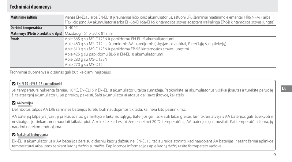 Techniniai duomenys | Nikon Multi-Power Battery Pack MB-D12 User Manual | Page 213 / 244