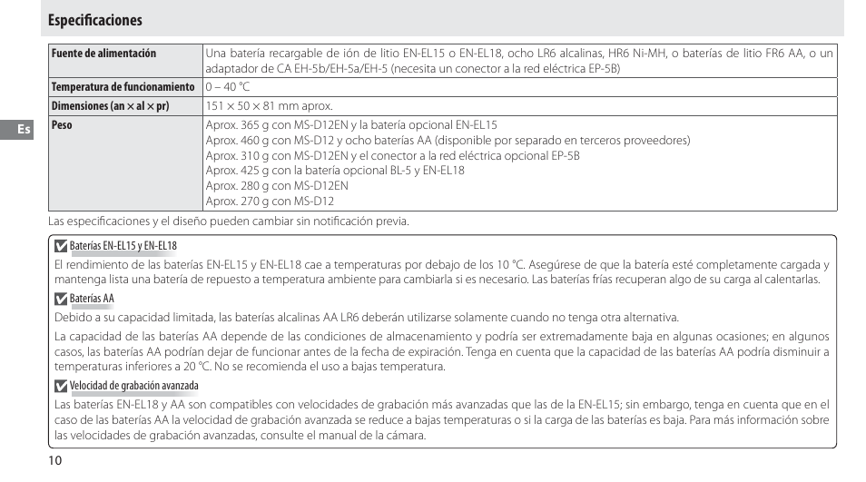 Especificaciones, Especiﬁ caciones | Nikon Multi-Power Battery Pack MB-D12 User Manual | Page 44 / 244