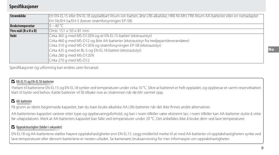 Spesifikasjoner, Spesiﬁ kasjoner | Nikon Multi-Power Battery Pack MB-D12 User Manual | Page 53 / 244