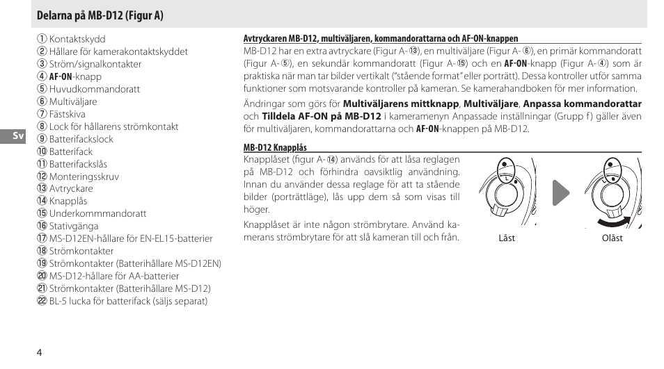 Delarna på mb-d12, Mb-d12 knapplås, Delarna på mb-d12 (figur a) | Nikon Multi-Power Battery Pack MB-D12 User Manual | Page 58 / 244