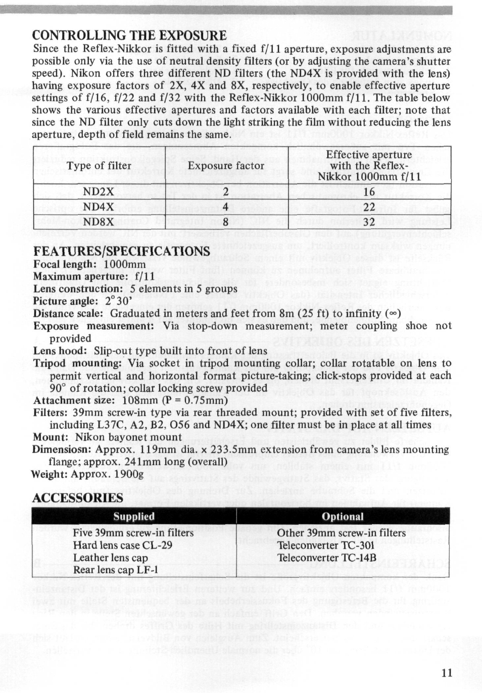 Using the filters, Obtaining correct exposure | Nikon 1000MM User Manual | Page 11 / 27