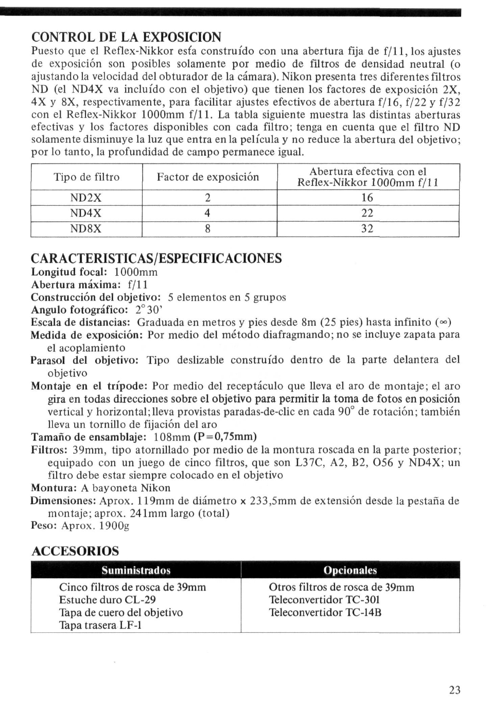 Uso de los filtros c, Como obtener la exposicion correcta, De los filtros | Nikon 1000MM User Manual | Page 23 / 27