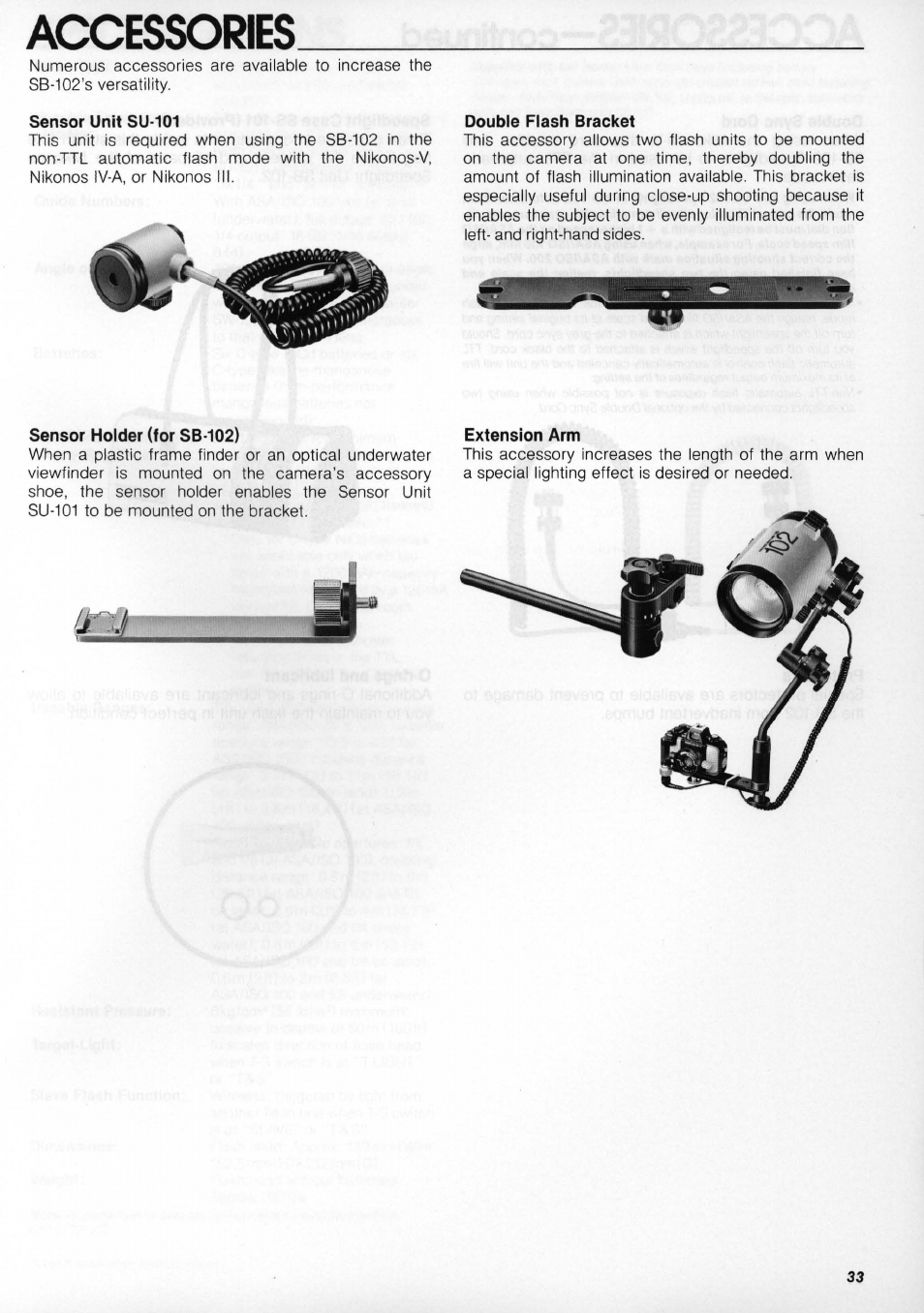 Accessories, Sensor unit su-101, Double flash bracket | Extension arm, Accessories -34, Sensor unit su-ioi, Extension arm double flash bracket | Nikon os Speedlight SB-102 User Manual | Page 33 / 36