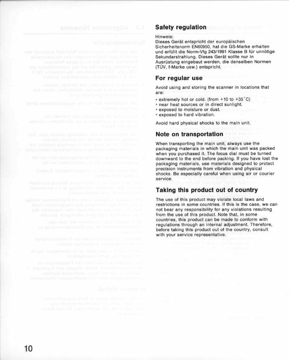 Safety regulation, For regular use, Note on transportation | Taking this product out of country | Nikon 35MM Film Scanner LS-10E User Manual | Page 10 / 82