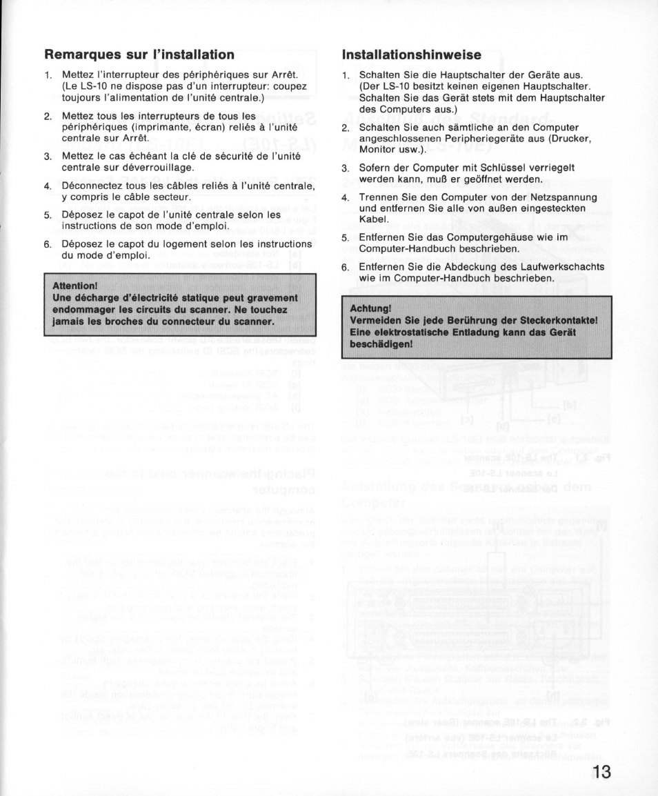 Remarques sur l’installation, Installationshinweise | Nikon 35MM Film Scanner LS-10E User Manual | Page 13 / 82