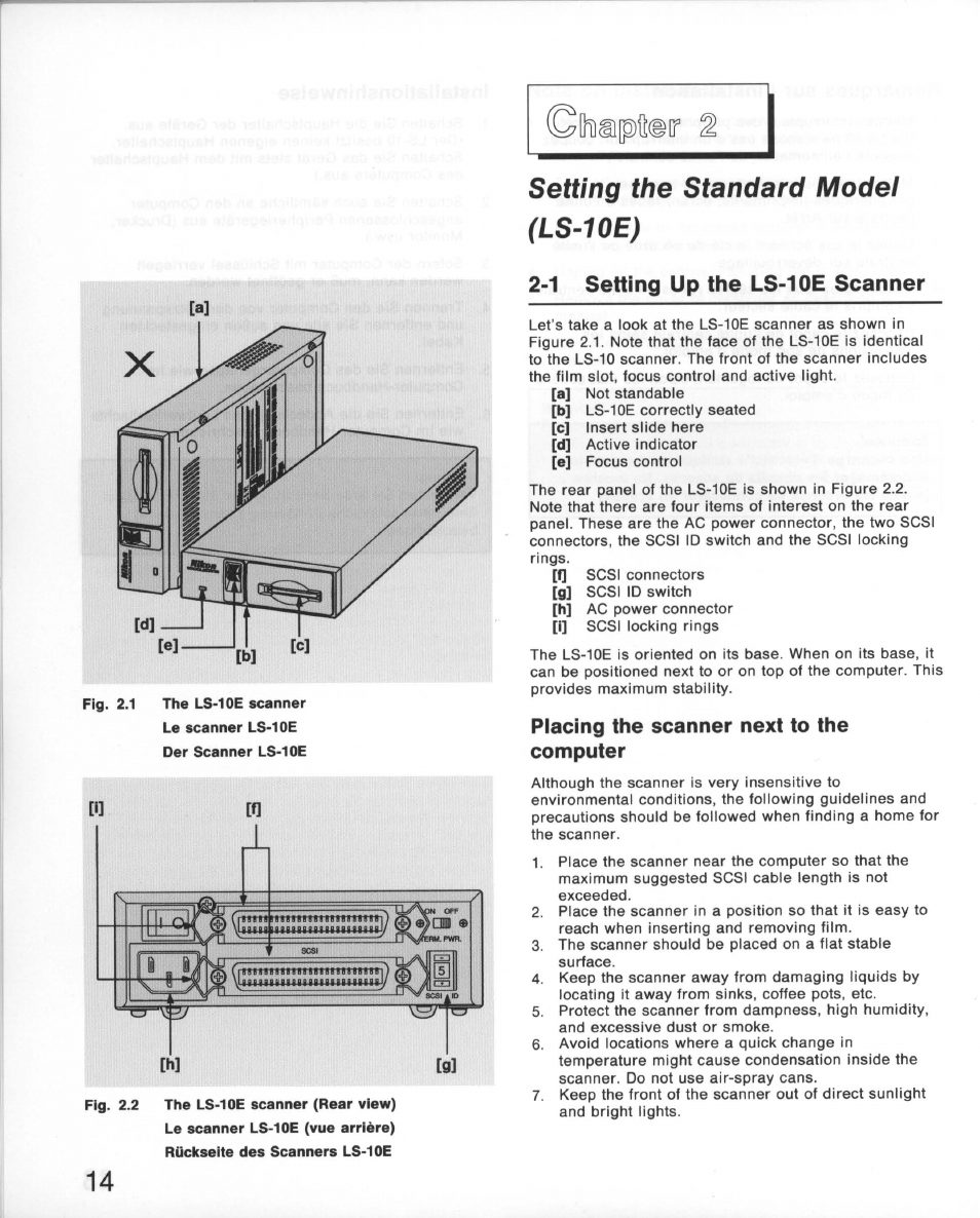 Setting the standard model (ls-10e), 1 setting up the ls-10e scanner, Placing the scanner next to the computer | Setting up the ls-10e scanner | Nikon 35MM Film Scanner LS-10E User Manual | Page 14 / 82