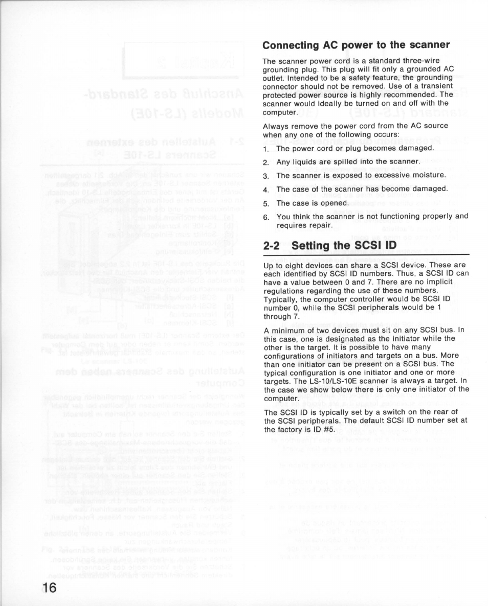 Connecting ac power to the scanner, 2 setting the scsi id | Nikon 35MM Film Scanner LS-10E User Manual | Page 16 / 82
