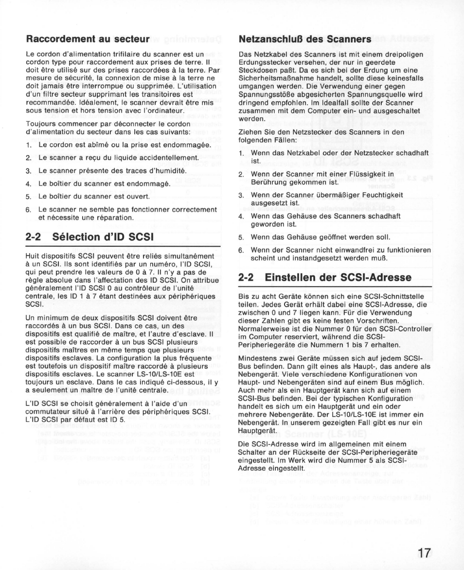 Raccordement au secteur, Netzanschluß des scanners, 2 sélection d’id scsi | 2 einstellen der scsi-adresse, Raccordement au secteur netzanschluß des scanners | Nikon 35MM Film Scanner LS-10E User Manual | Page 17 / 82