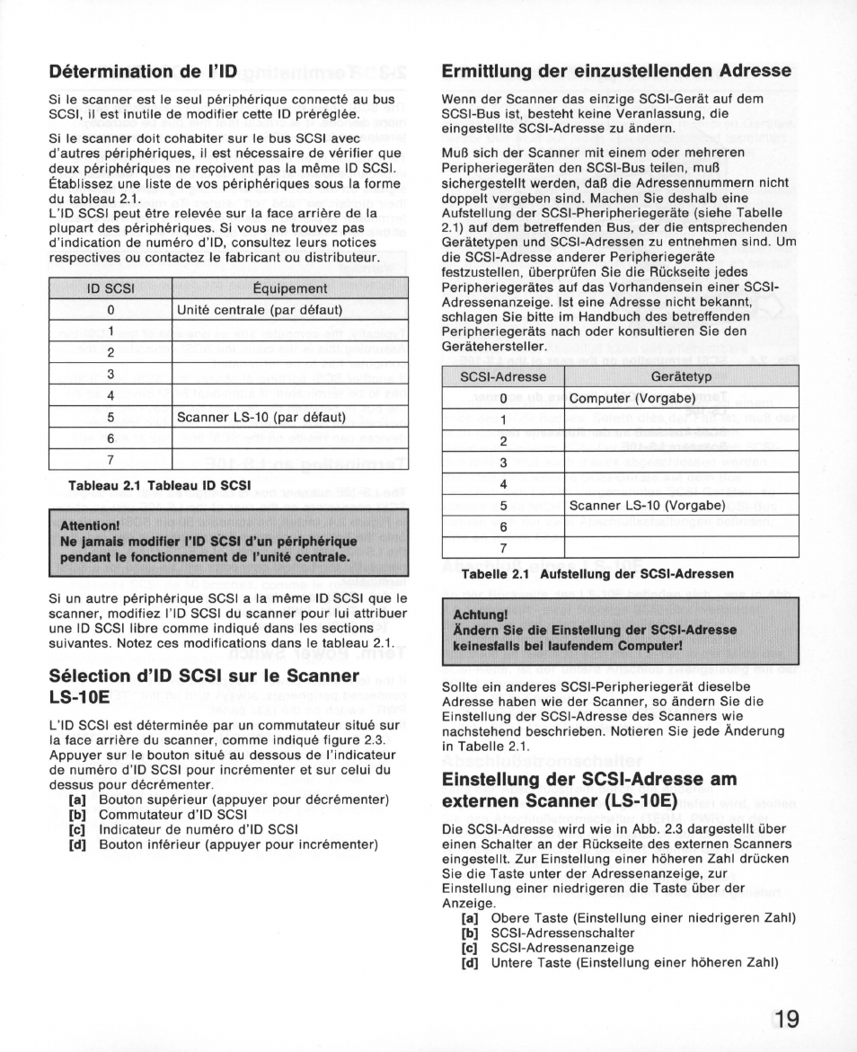 Ermittiung der einzusteilenden adresse, Sélection d’id scsi sur le scanner ls-10e | Nikon 35MM Film Scanner LS-10E User Manual | Page 19 / 82