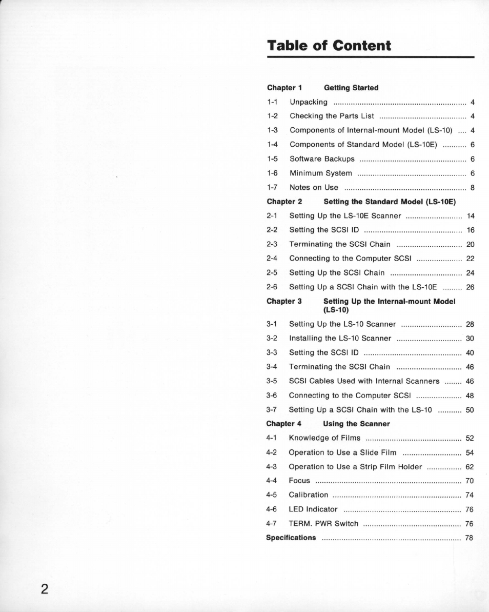 Table of content | Nikon 35MM Film Scanner LS-10E User Manual | Page 2 / 82