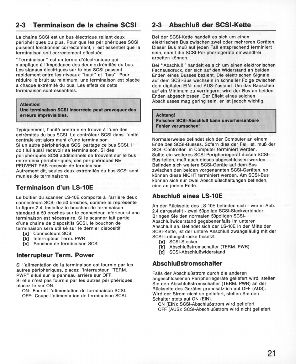 3 terminaison de ia chaîne scsi, Terminaison d’un ls-10e, Interrupteur term. power | 3 abschluß der scsi-kette, Abschluß eines ls-10e, Abschlußstromschalter, 3 terminaison de la chaîne scsi | Nikon 35MM Film Scanner LS-10E User Manual | Page 21 / 82