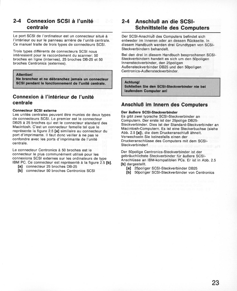 4 connexion scsi à l’unité centraie, Connexion à l’intérieur de l’unité centrale, 4 anschluß an die scsi | Schnittstelie des computers, Anschluß im innern des computers, 4 connexion scsi à l’unité centrale | Nikon 35MM Film Scanner LS-10E User Manual | Page 23 / 82