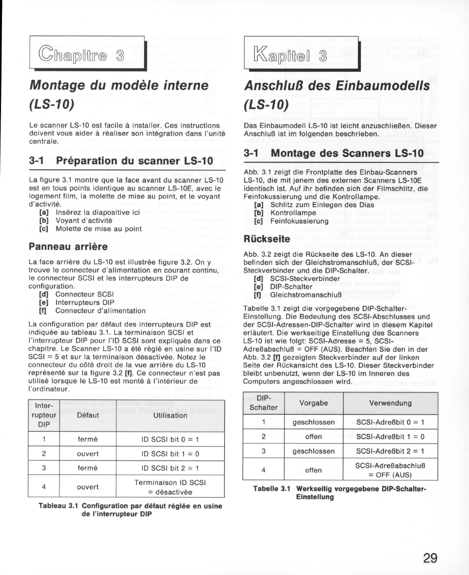Montage du modèle interne (ls-10), 1 préparation du scanner ls-10, Panneau arrière | Anschluß des einbaumodells (ls-10), 1 montage des scanners ls-10, Rückseite, 3 pièces du modèle interne (ls-10), Montage des scanners ls-10 | Nikon 35MM Film Scanner LS-10E User Manual | Page 29 / 82