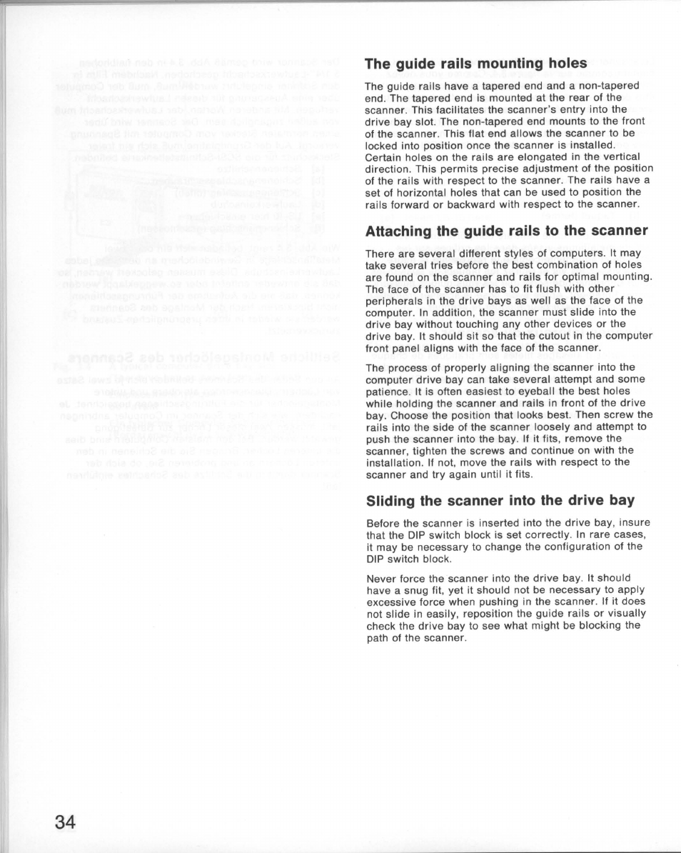 The guide rails mounting holes, Attaching the guide rails to the scanner, Sliding the scanner into the drive bay | Nikon 35MM Film Scanner LS-10E User Manual | Page 34 / 82