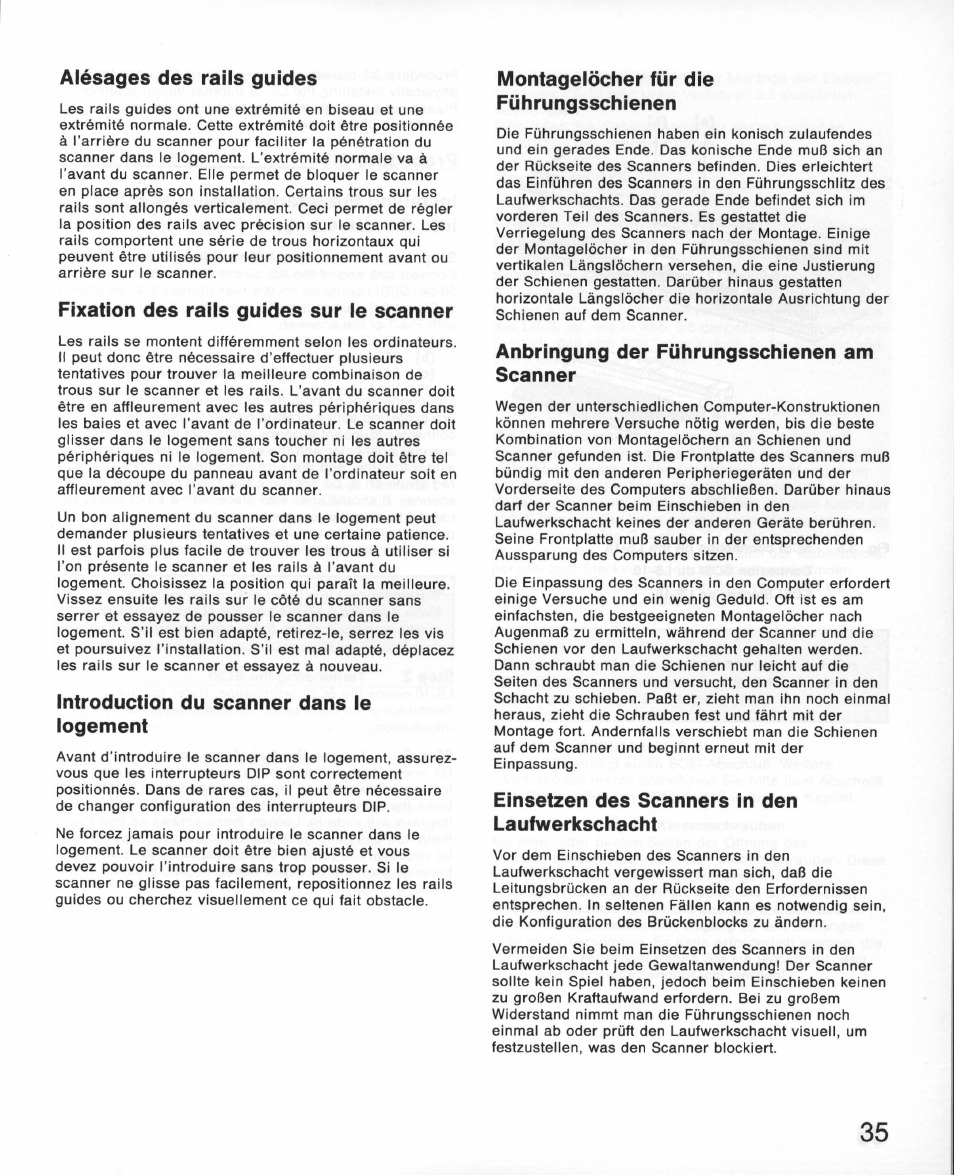 Alésages des rails guides, Fixation des raiis guides sur le scanner, Introduction du scanner dans le logement | Montagelöcher für die führungsschienen, Anbringung der führungsschienen am scanner, Einsetzen des scanners in den laufwerkschacht | Nikon 35MM Film Scanner LS-10E User Manual | Page 35 / 82