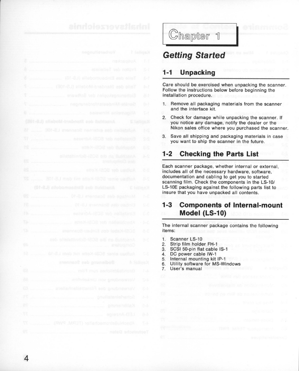 Getting started, 1 unpacking, 2 checking the parts list | 3 components of internai-mount modei (ls-10), 4 components of standard model (ls-10e) | Nikon 35MM Film Scanner LS-10E User Manual | Page 4 / 82