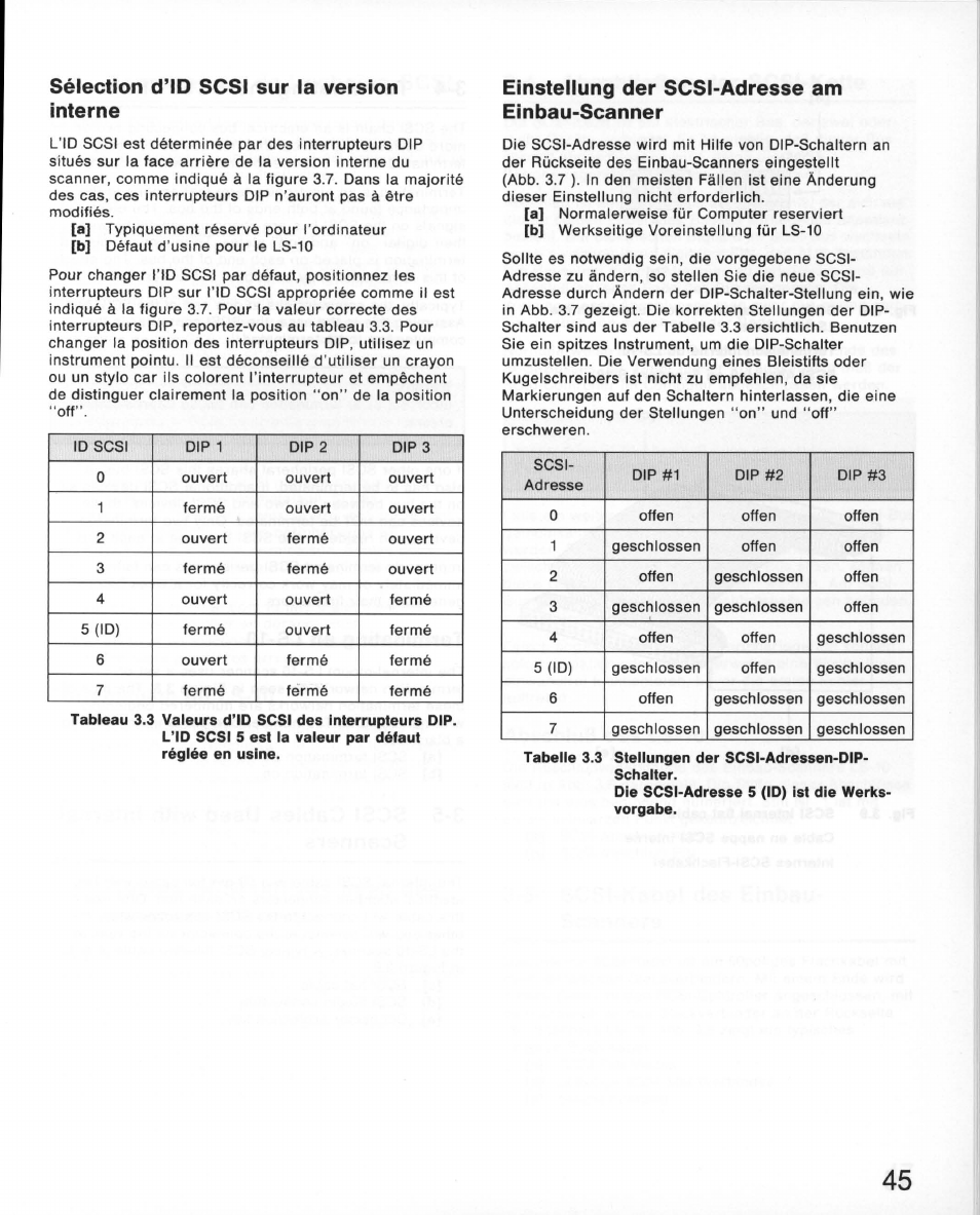 Sélection d’id scsi sur la version interne, Einstellung der scsi-adresse am einbau-scanner | Nikon 35MM Film Scanner LS-10E User Manual | Page 45 / 82