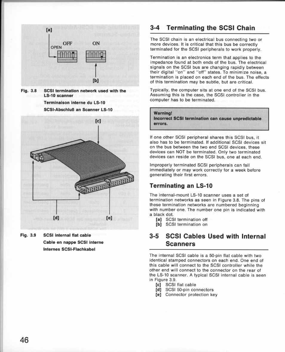 4 terminating the scsi chain, Terminating an ls-10, 5 scsi cables used with internal scanners | Imifl | Nikon 35MM Film Scanner LS-10E User Manual | Page 46 / 82